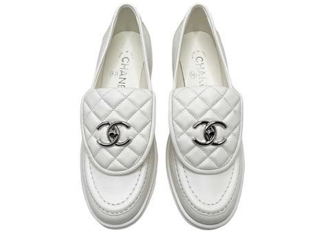 Chanel Quilted Tab Loafers White Leather .